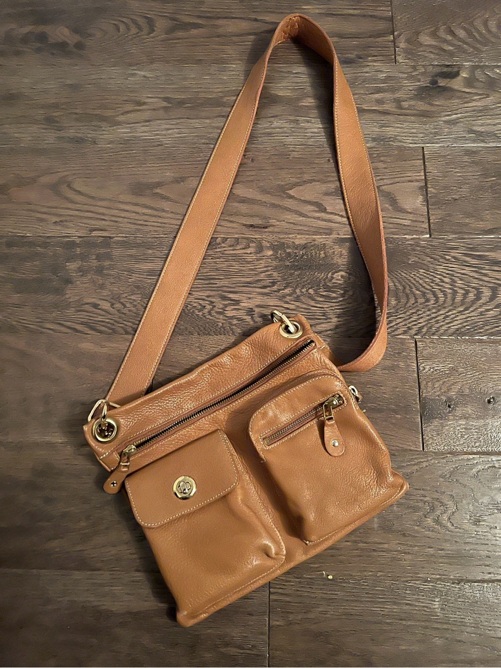 Roots Camel Leather Crossbody Bag with Gold Hardware, Like New